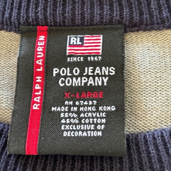 RALPH LAUREN POLO JEANS Sweater Pullover Ringer Shirt Logo Mens Large Gray Navy - Picture 6 of 11